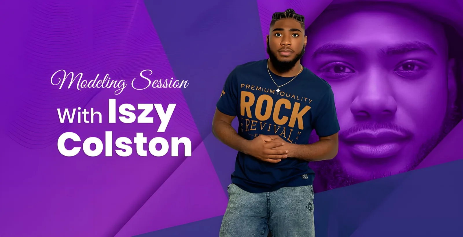 Cover graphic reading Modeling Session With Iszy Colston, showing the model in a navy tee against layered purple panels